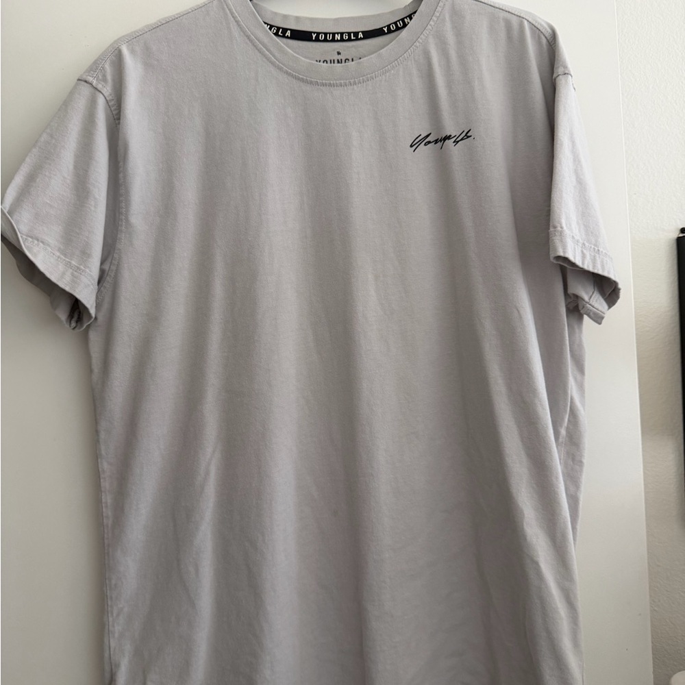 YoungLA #408 Light Gray Crewneck T-Shirt with Script Logo